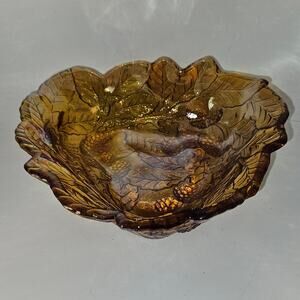Vintage Amber Carnival Glass Leaf Berry Bowl Marigold Iridescent